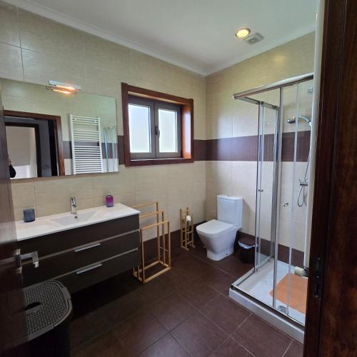 a bathroom with a sink and a shower and a toilet at Casa da Batoca - Rossas in Vieira do Minho