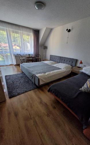 a bedroom with two beds and a rug at APARTAMENT U MARYSI in Krościenko