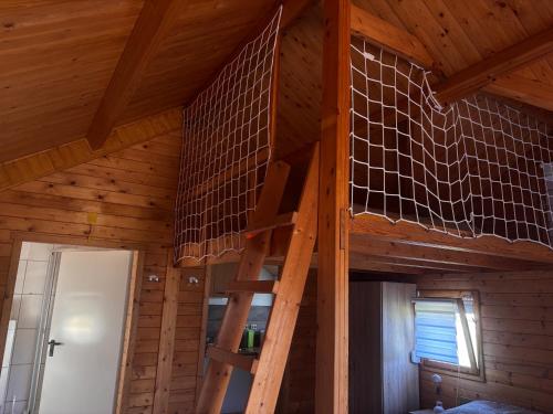 a bunk bed in a wooden room with a ladder at Seeperle am Concordia See in Friedrichsaue