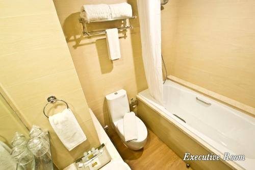 a bathroom with a toilet and a tub and a sink at Green Batara Hotel in Bandung