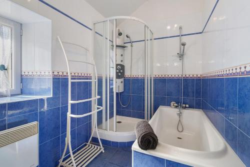 a blue and white bathroom with a tub and a shower at Maison de vacances Le Tilleul in Saint-Pompont