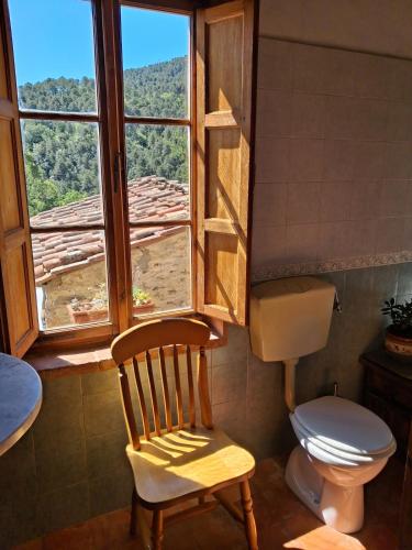 a toilet and a chair in a bathroom with a window at Attic with balcony at Locanda del Capo in Capannori