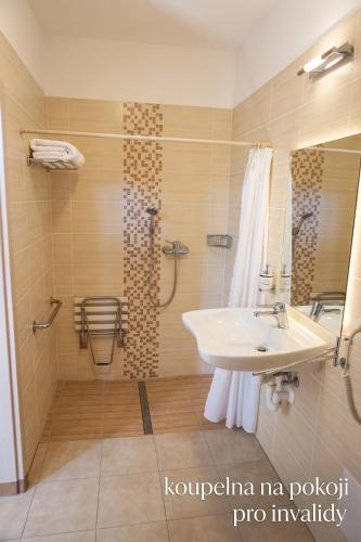 a bathroom with a sink and a shower at Penzion U Bohuša in Lednice
