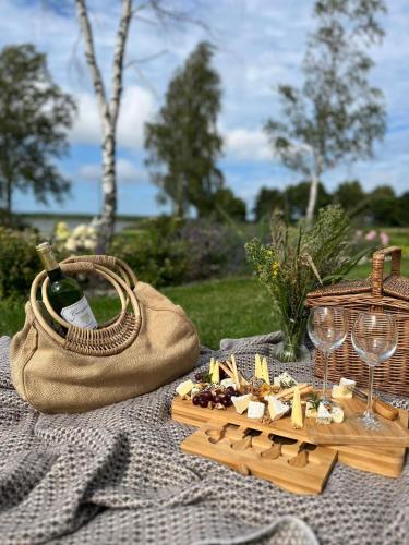 a picnic with a purse and a tray of cheese and wine at Kite Marina Sarbsk in Sarbsk