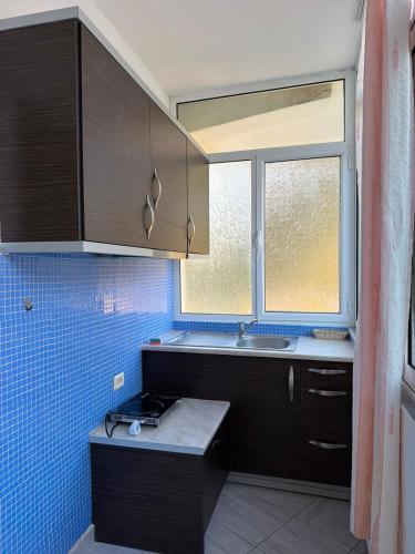 a small kitchen with a sink and a window at Aria Apartments in Borsh