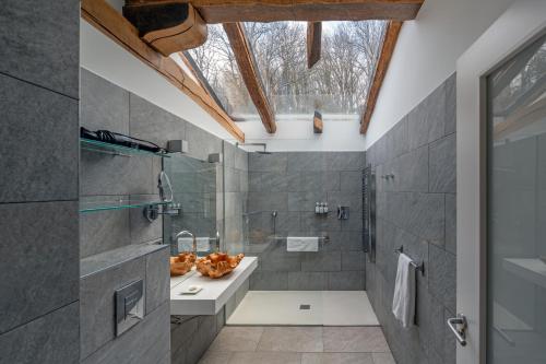 a bathroom with a sink and a shower at Arantza Apartamentuak in Arantza