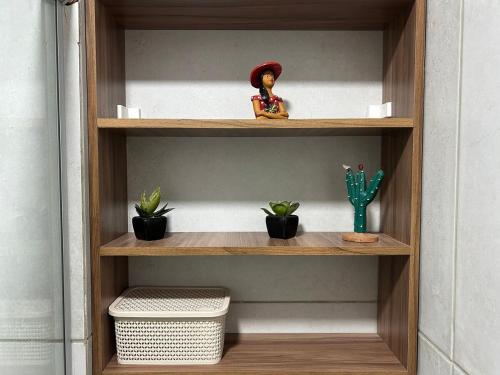 a wooden shelf with potted plants and a figurine on it at Flat no centro VDP314 - Rooftop in Porto De Galinhas