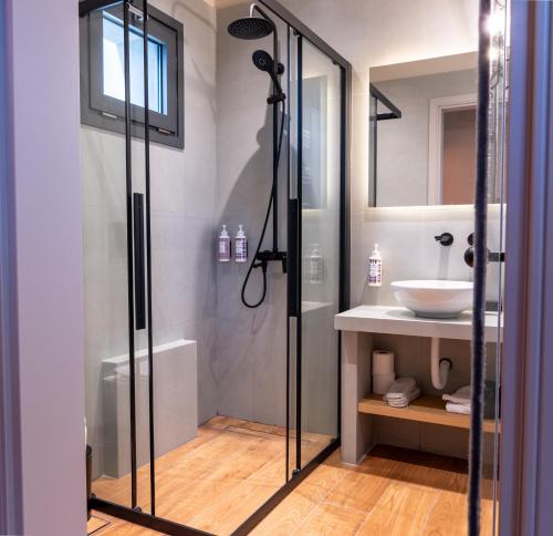 a bathroom with a shower and a sink at Montiva GuestHouse in Karpenisi