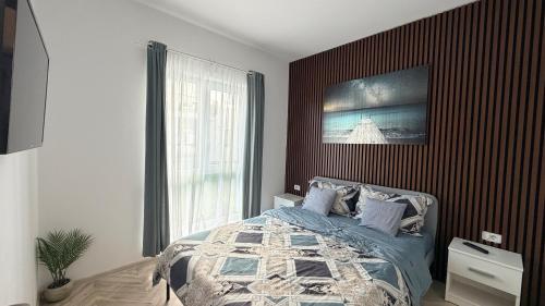 a bedroom with a bed and a large window at Felicia Apartments in Arad