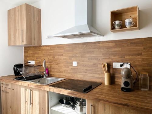 a kitchen with a sink and a counter top at La maisonnette 70' in Groseillier