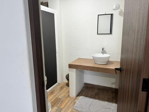 a bathroom with a white sink and a mirror at Mi Casa Morelia in Morelia