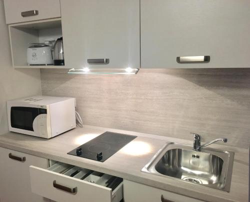 a kitchen with a sink and a microwave at Casa Piccola FeWo in Nago-Torbole