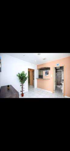 a kitchen and a living room with a potted plant at Dolls House in Lagos