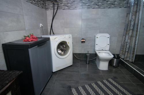 a washing machine in a bathroom with a toilet at KALLIOPIs HOUSE in Paralia Katerinis
