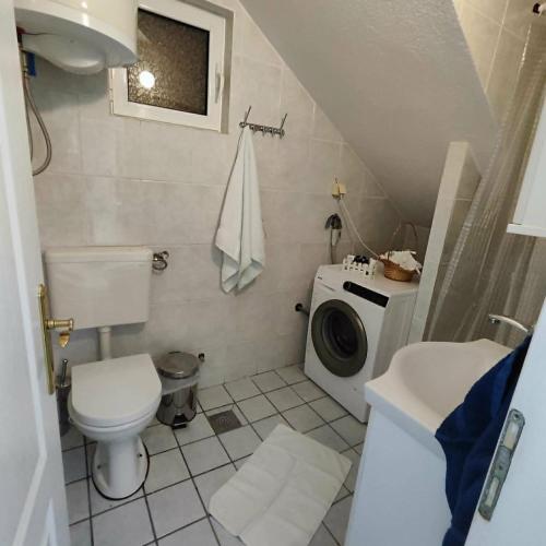 a bathroom with a toilet and a washing machine at Pine Tree House in Bar