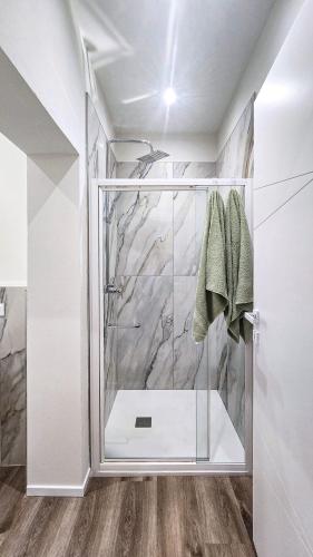 a shower with a glass door in a bathroom at B&B di Cristina in Conegliano