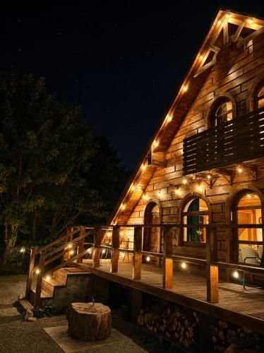 a wooden building with lights on it at night at Forest Camp Dom w Górach Sowich in Michałkowa