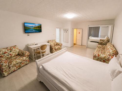 a bedroom with a bed and a table and chairs at Pensiunea Alexander in Arad