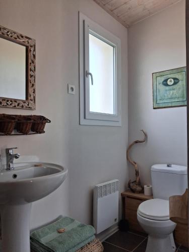a bathroom with a sink and a toilet and a window at Chambres D'hôtes La Marouette in Hiers-Brouage