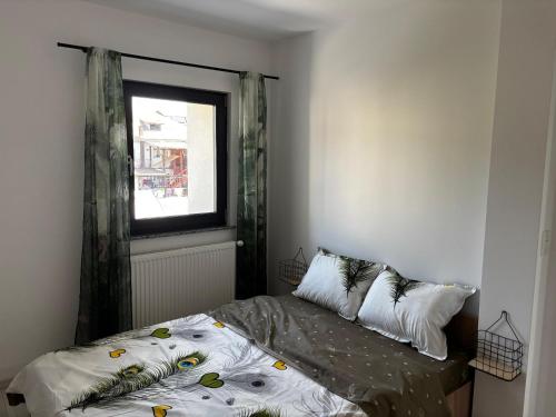 a bedroom with a bed and a window at Deluxe apartament Vatra Dornei in Vatra Dornei