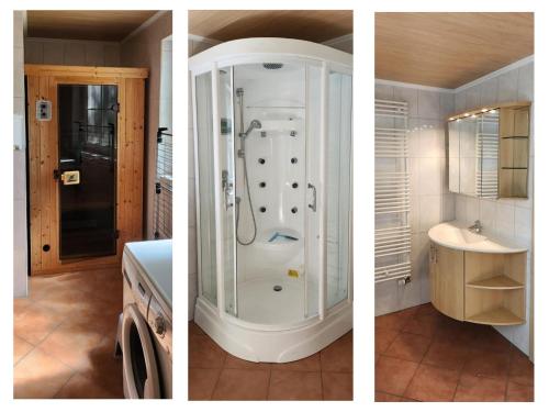three pictures of a bathroom with a shower and a sink at Landhuis Schneifel in Brandscheid