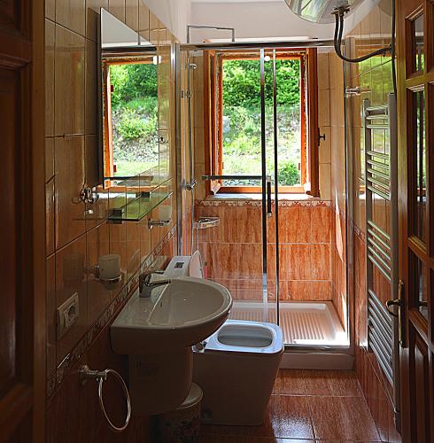a bathroom with a sink and a toilet and a shower at Kulla e Andrrave in Ducaj