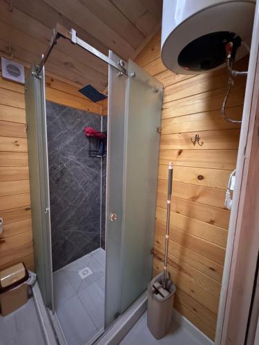 a shower with a glass door in a wooden bathroom at Issyk-kul home in Korumdy