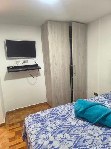 a bedroom with a bed and a television on a shelf at apartamento vacacional in Salento