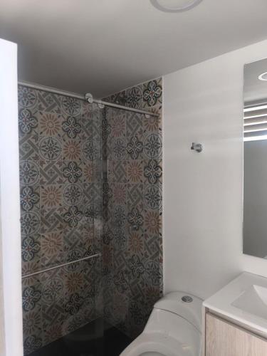 a bathroom with a shower with a toilet and a sink at apartamento vacacional in Salento