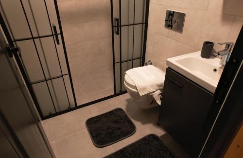 a bathroom with a shower and a toilet and a sink at Eylül Bungalow Kaş in Kaş