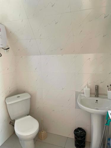 a white bathroom with a toilet and a sink at Makhuntseti Inn in Makhunts'et'i