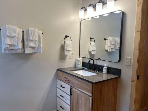 a bathroom with a sink and a large mirror at American Eagle Retreat in Conover