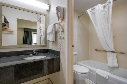 a bathroom with a sink and a toilet and a mirror at Best Western Woodhaven Inn in Woodhaven