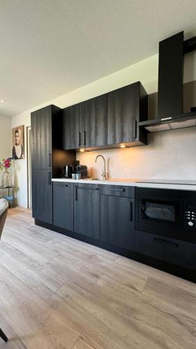 a kitchen with black cabinets and a sink at Dishoek by the Sea in Koudekerke