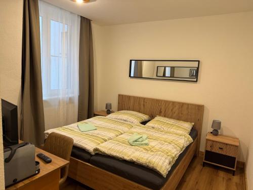 a bedroom with a bed and a mirror on the wall at Pension und Berggasthaus Am Knochen in Geyer