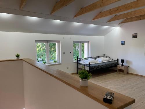 a large room with a bed and a staircase at Ferienhaus Calle in Bücken