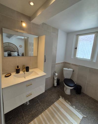 a bathroom with a sink and a toilet and a mirror at Le petit Riyade in Cambayrac