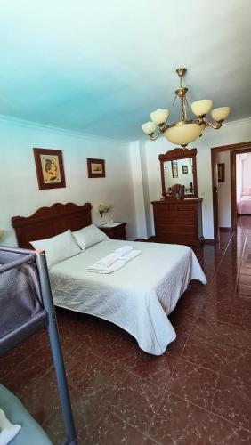 a bedroom with a bed and a chandelier at Chalet Venta del Aire Cortijo Terrón in Lanjarón