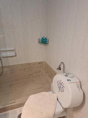 a bathroom with a toilet and a shower at holidays Nea Peramo in Nea Peramos