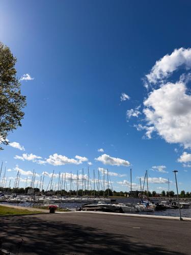 a view of a marina with boats in the water at Sadama Hostel & Caravan Camping in Pärnu