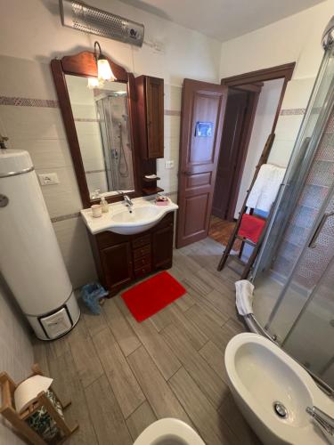 a bathroom with a sink and a toilet and a mirror at La Canàoula in Bobbio Pellice