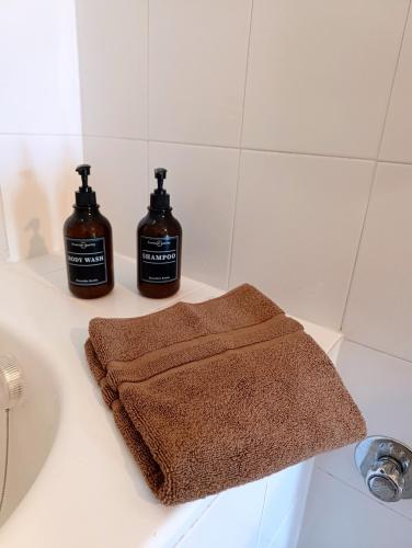 two bottles of soap sitting on top of a bathroom sink at Canvista in Leptokarya