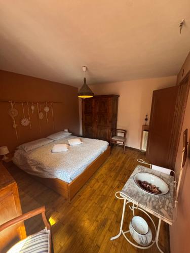 a bedroom with a bed and a sink in it at La Canàoula in Bobbio Pellice