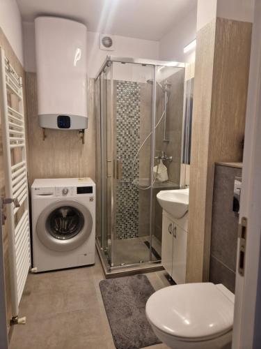 a bathroom with a washing machine and a sink at Iris central Mangalia 2 bedroom apartment in Mangalia