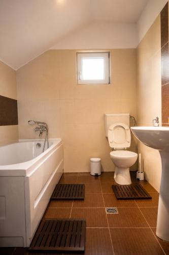 a bathroom with a tub and a toilet and a sink at La Poalele Cerului in Fundata