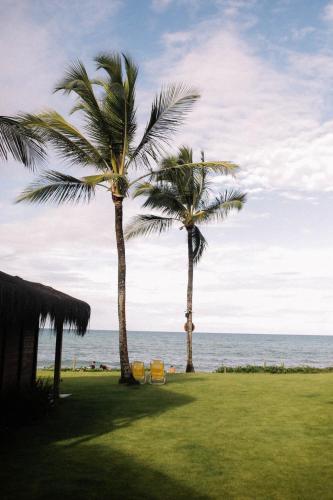 two palm trees and two chairs on the beach at Pousada D'Oxum Caraíva in Caraíva