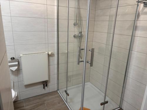 a shower with a glass door in a bathroom at Familija in Straupitz
