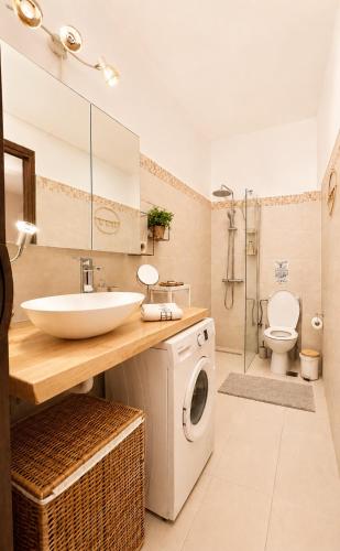 a bathroom with a sink and a washing machine at SeaTerra Boutique suite in Kalamos