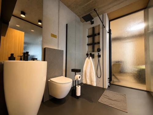 a bathroom with a toilet and a shower at Tatry Premium Apartment - PRIVATE Parking in Kežmarok