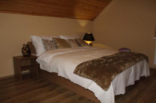 1 dormitorio con 1 cama grande con manta marrón en Penzión Štefánik en Súľov